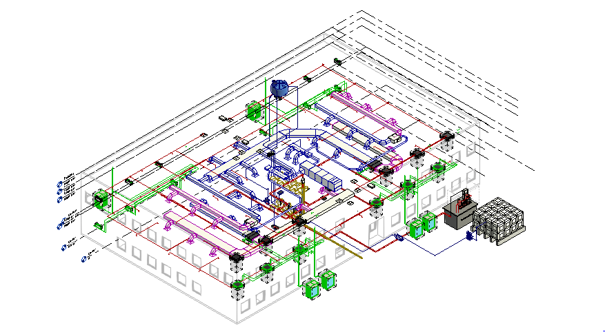 Coordinated MEP model of a plant room showing ductwork, pipework and containment